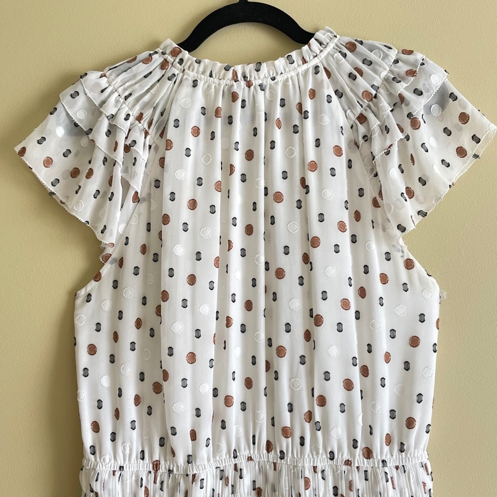 Anthro Current Air Pleated Women Medium Dress Smoked Waist Cottage Clip Dot - Picture 5 of 14